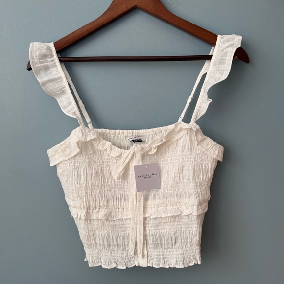 American Eagle AE Smocked Ruffle Crop Tank Top in White. NWT. Women’s Small - Picture 3 of 14
